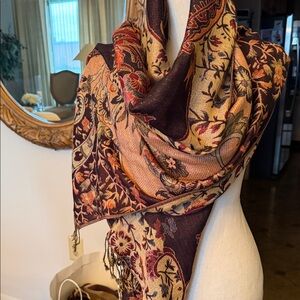 Pashmina Elegant Floral Scarf in Rich Burgundy and Gold